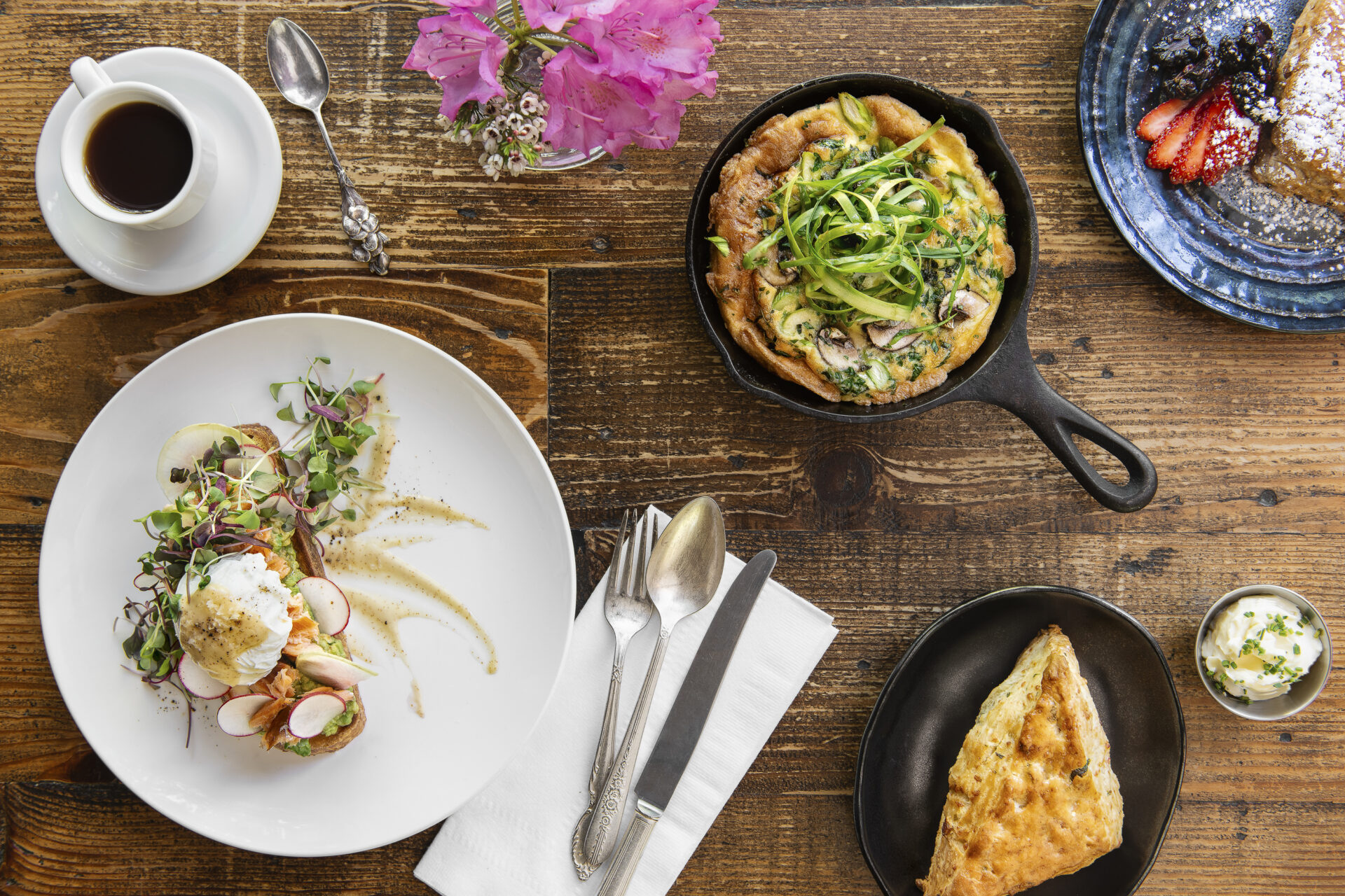 A spread of food on a table at the Oakhurst Cafe in Charlottesville, Virginia. 