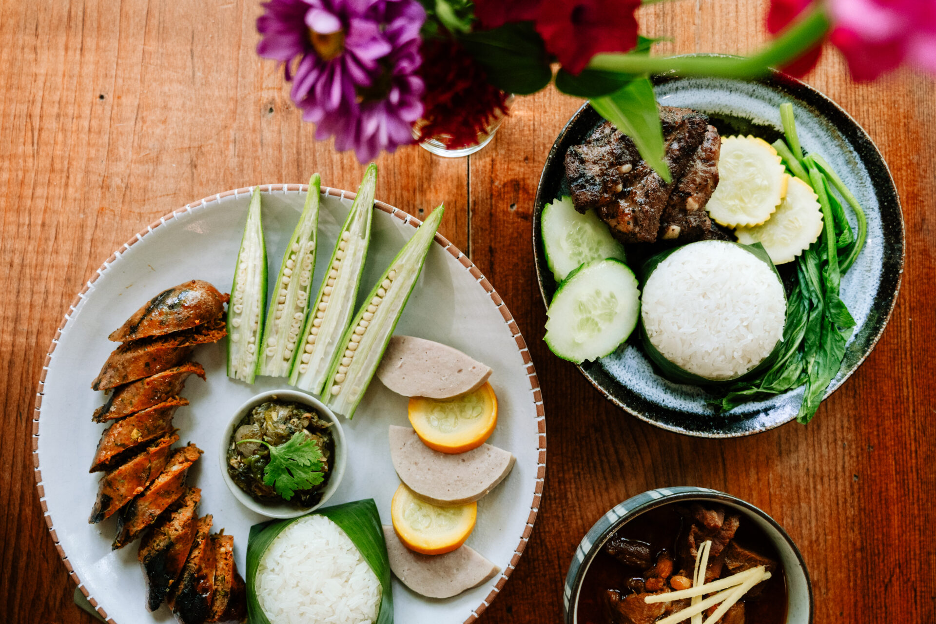 A colorful meat dish with condiments from Dalaya in Jackson County, North Carolina.