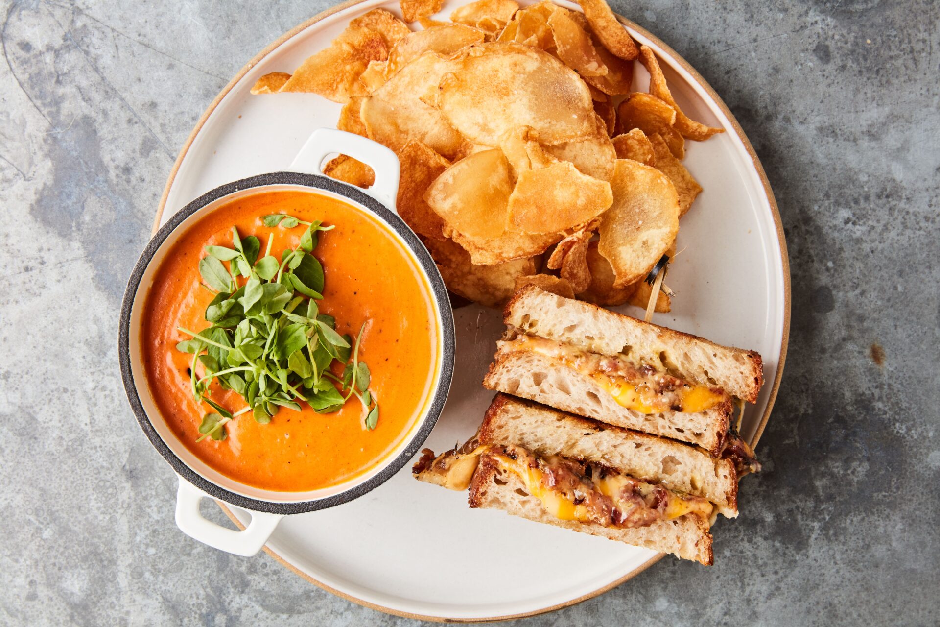 A plate of soup and sandwich at Lucy's in Auburn