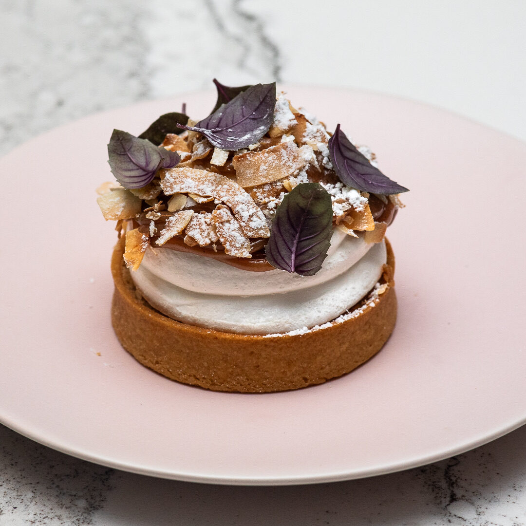 Chocolate dessert with flower garnish from Avize in Atlanta, Georgia