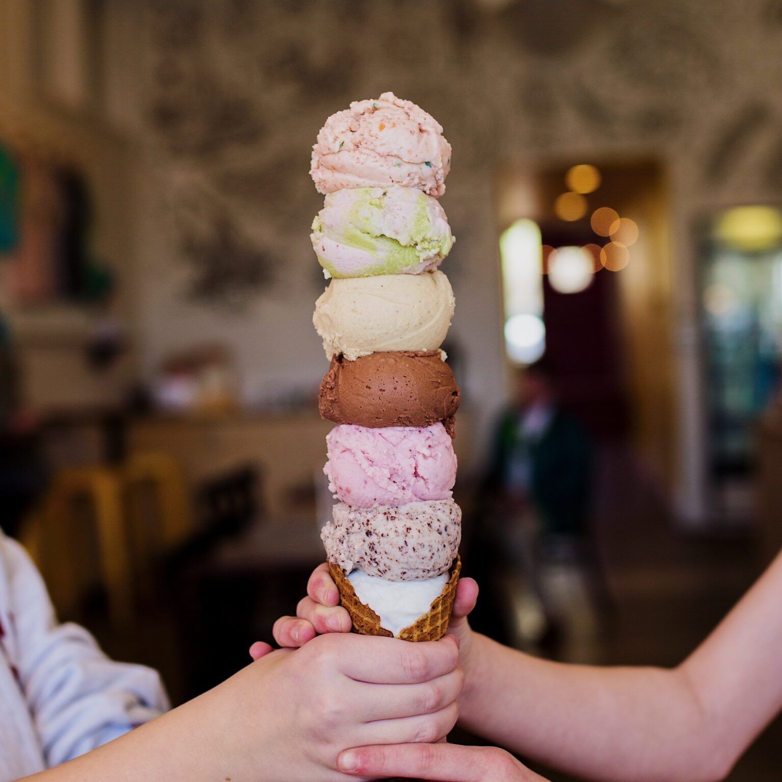 Ice-cream cone with 7 assorted scoops from Loblolly Creamery in Little Rock, Arkansas