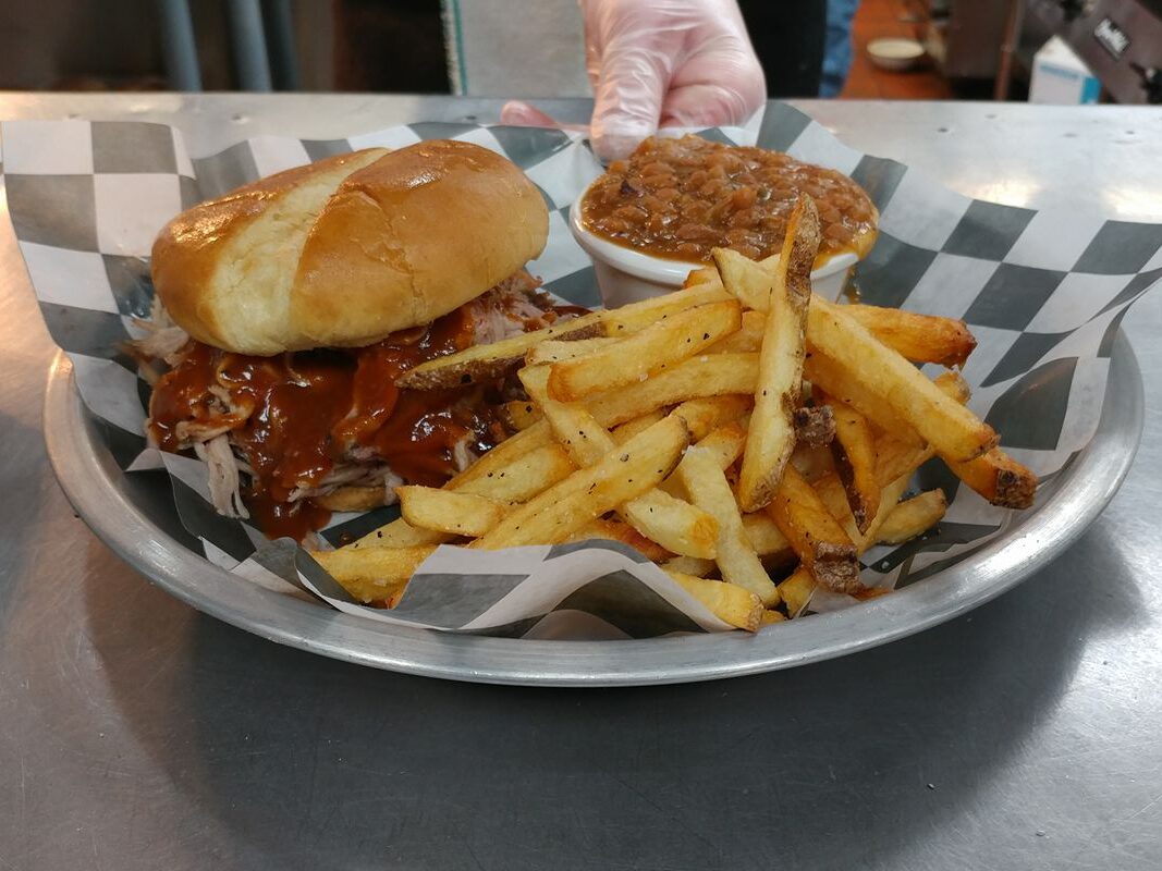 BBQ sandwhich, fries, and beans at Fat Daddy BBQ in the Old 96 District in South Carolina