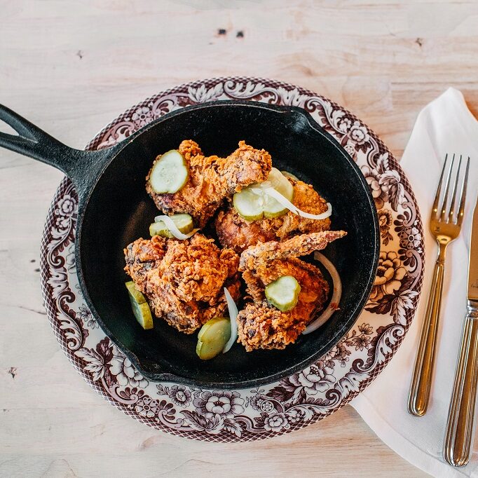 Fried chicken dish with pickles at RT Lodge in Maryville, Tennessee