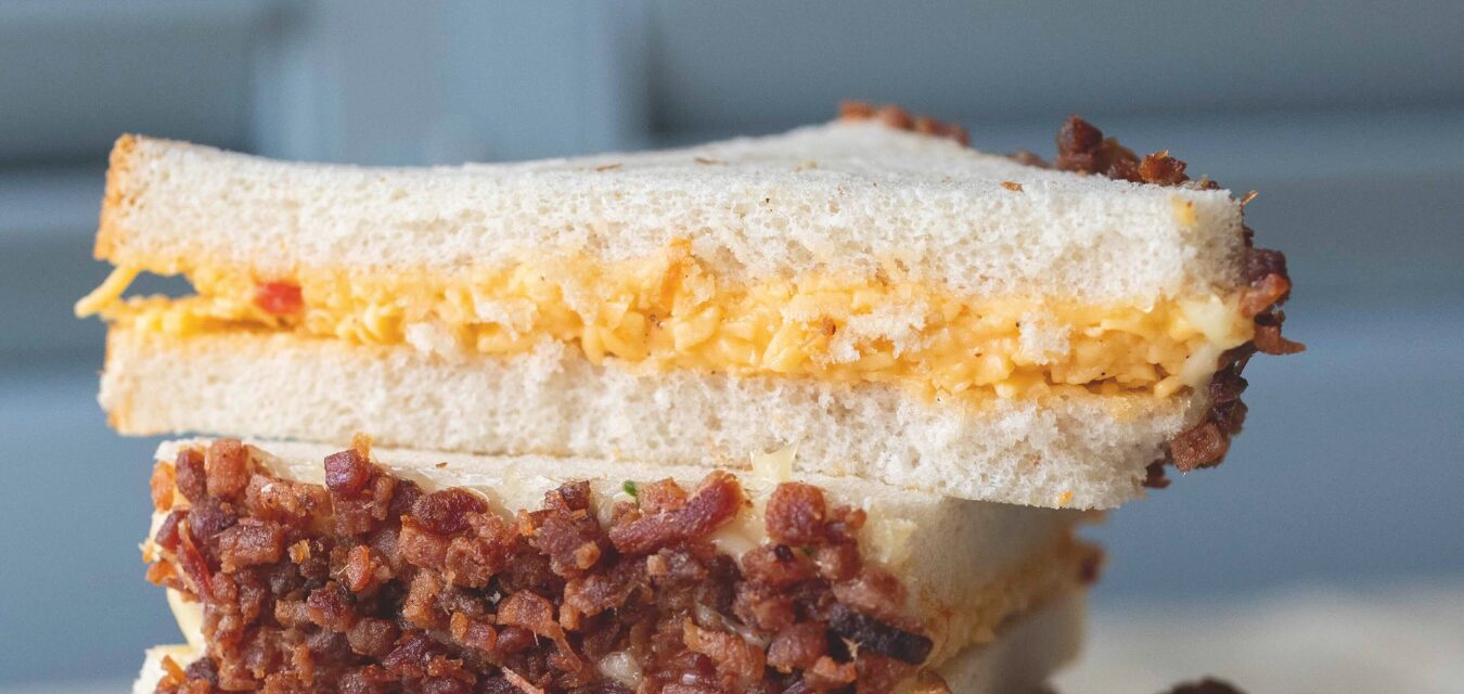 Pimento Cheese Sandwiches with Wild Leek Mayonnaise and Crumbled Bacon