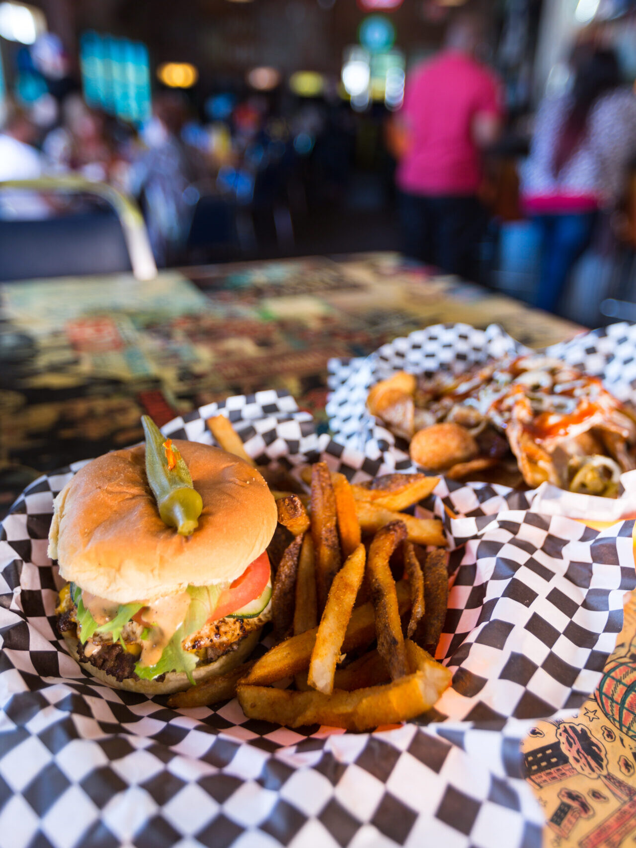A burger and fries at the Mississippi live music venue, Hey Joe's Restaurant in Cleveland, Mississippi.