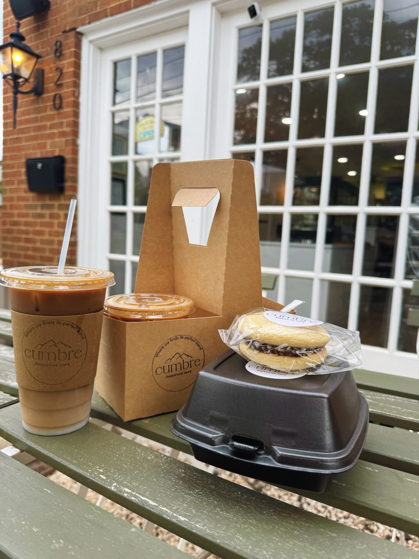 Coffees and pastries packaged up to go from Cumbre.