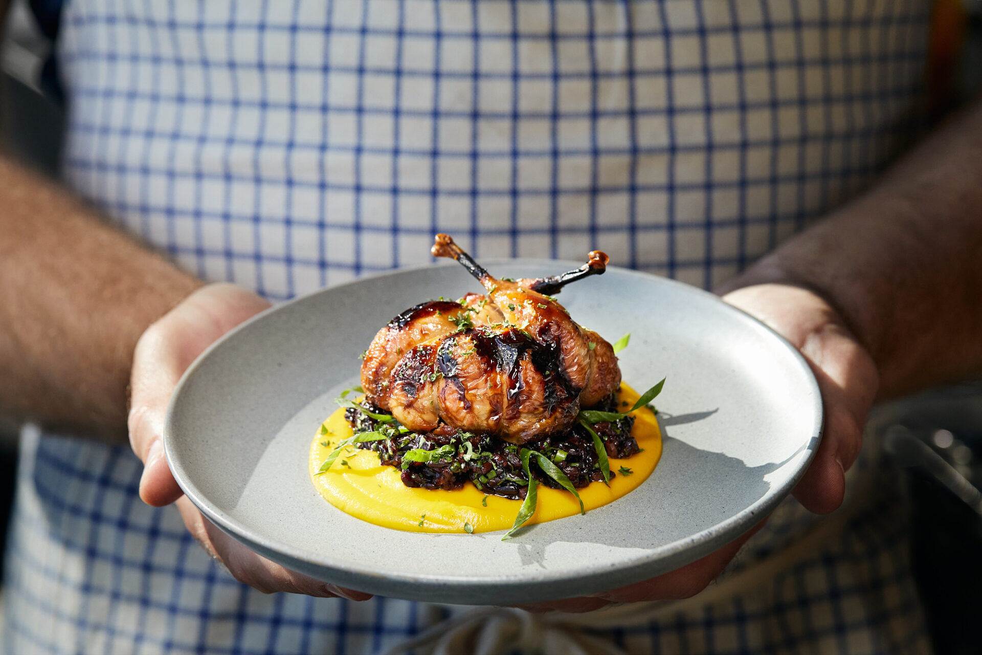 Copy of Quail Cushion green garlic black rice jus